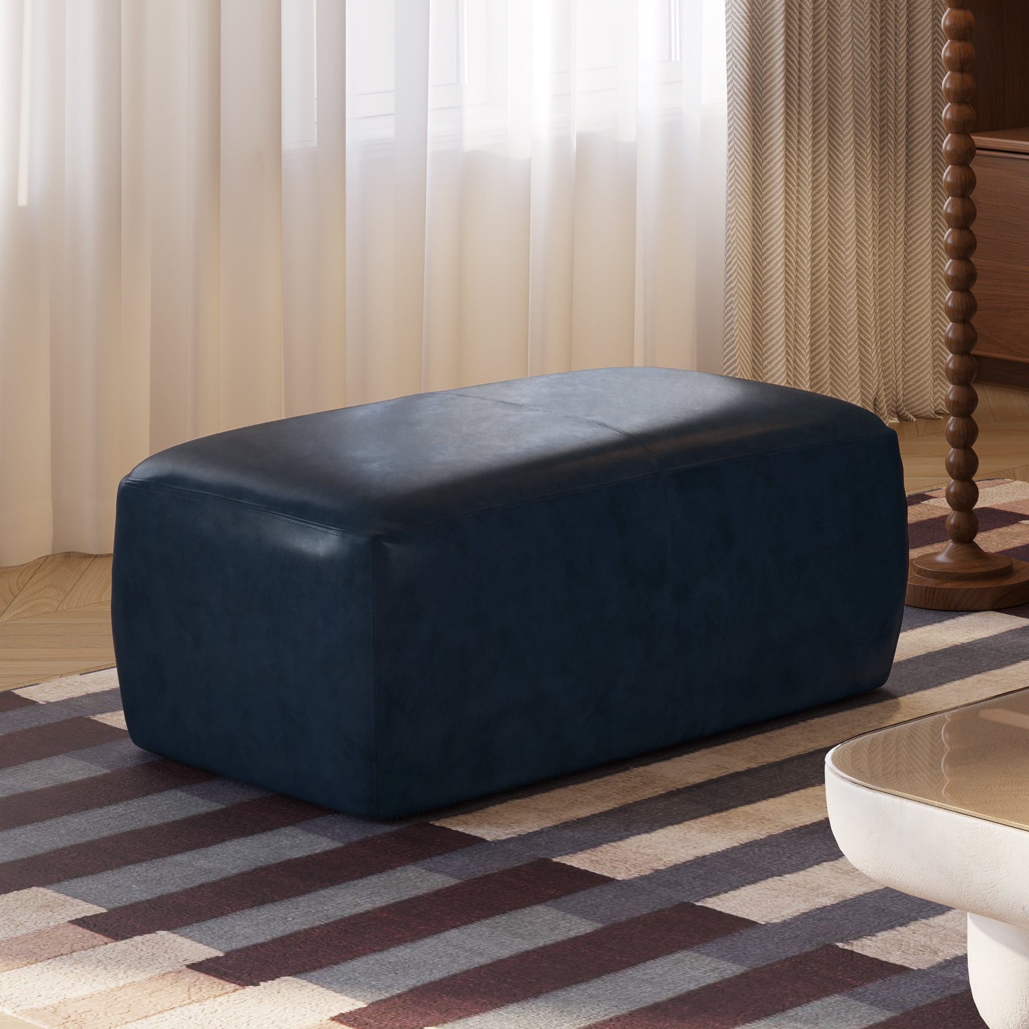 Pouf en cuir | Bleu nuit