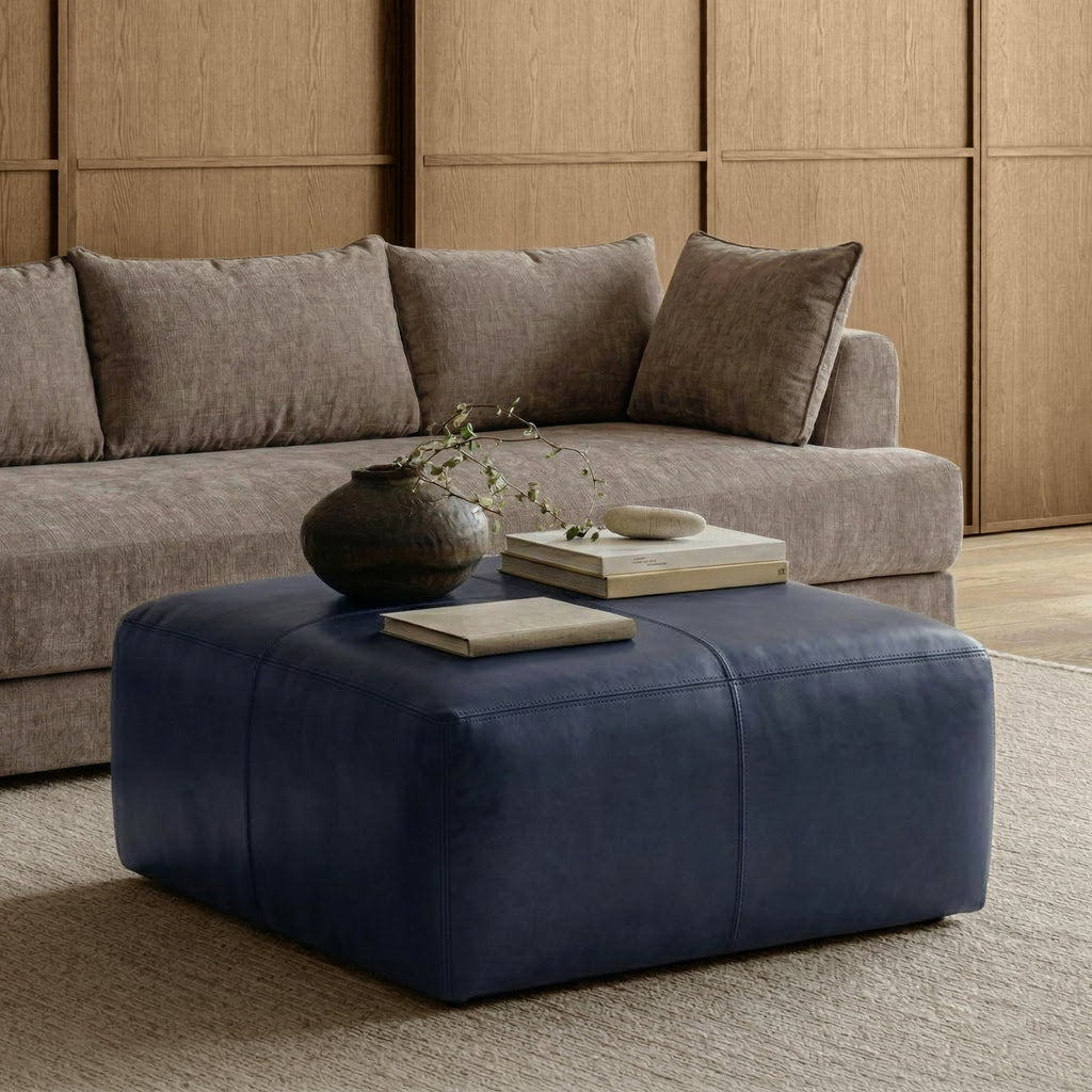 Ottoman en cuir | Bleu nuit