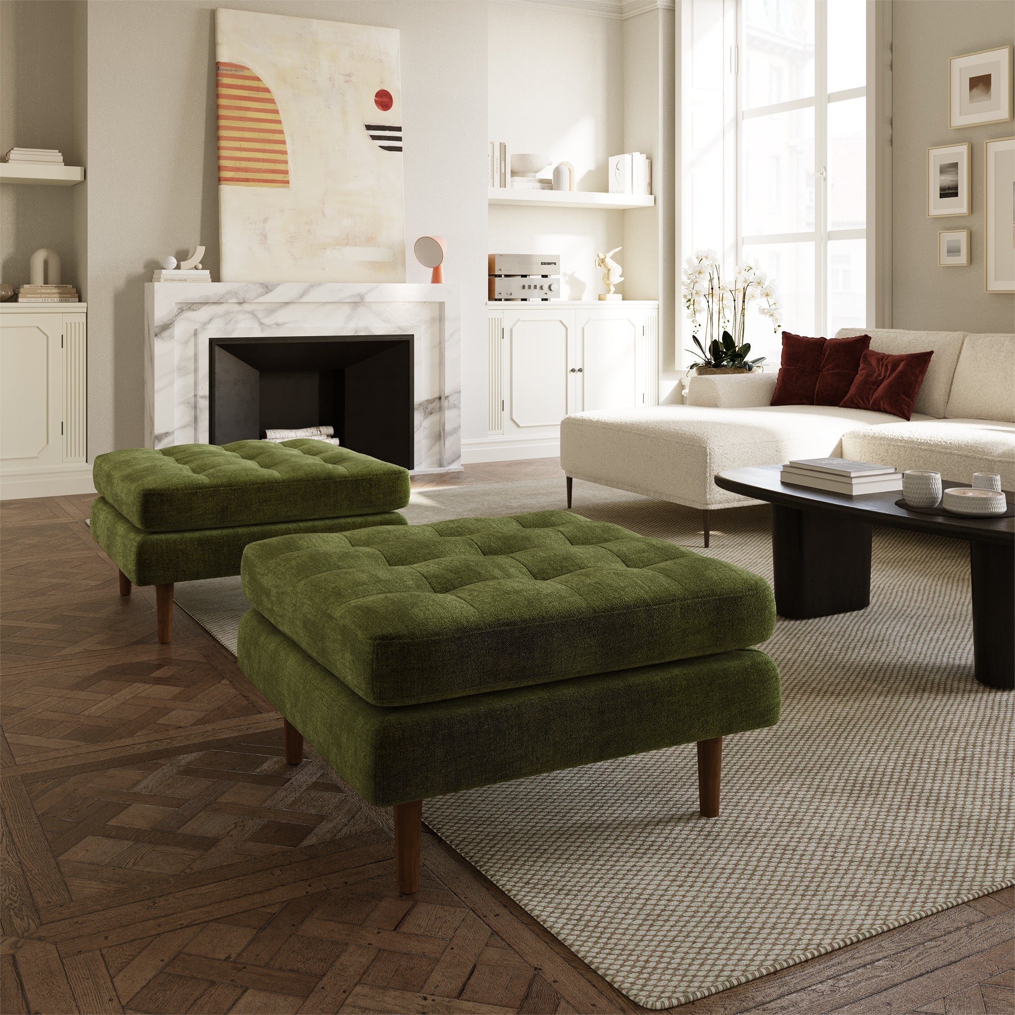 Ottoman en velours | Vert vieilli