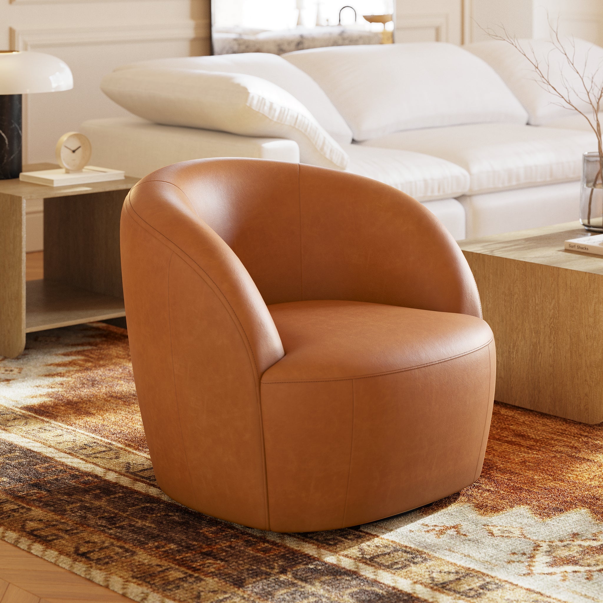 Fauteuil pivotant en cuir | Cognac