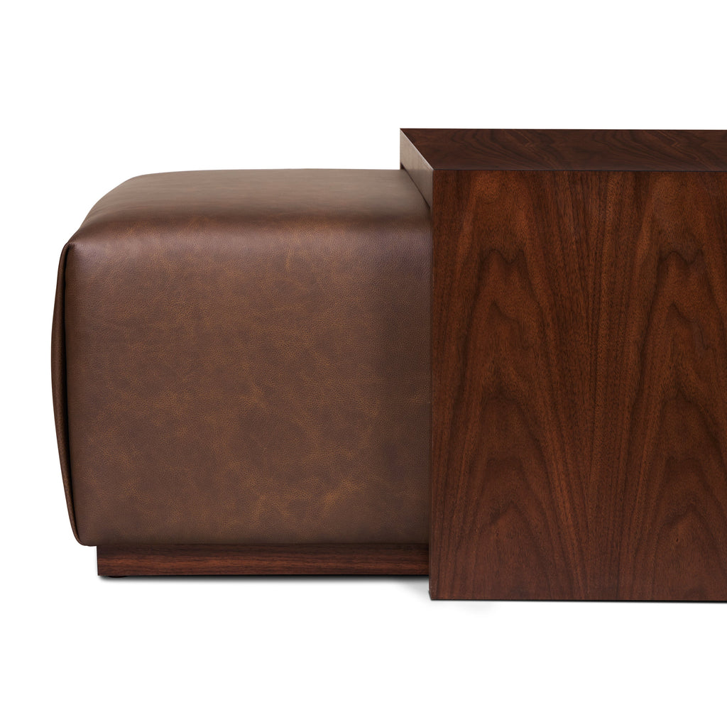 Ottoman en cuir avec table en noyer | Marron bride