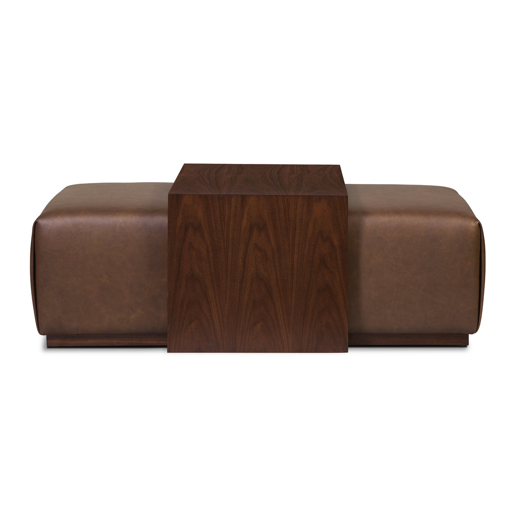 Ottoman en cuir avec table en noyer | Marron bride
