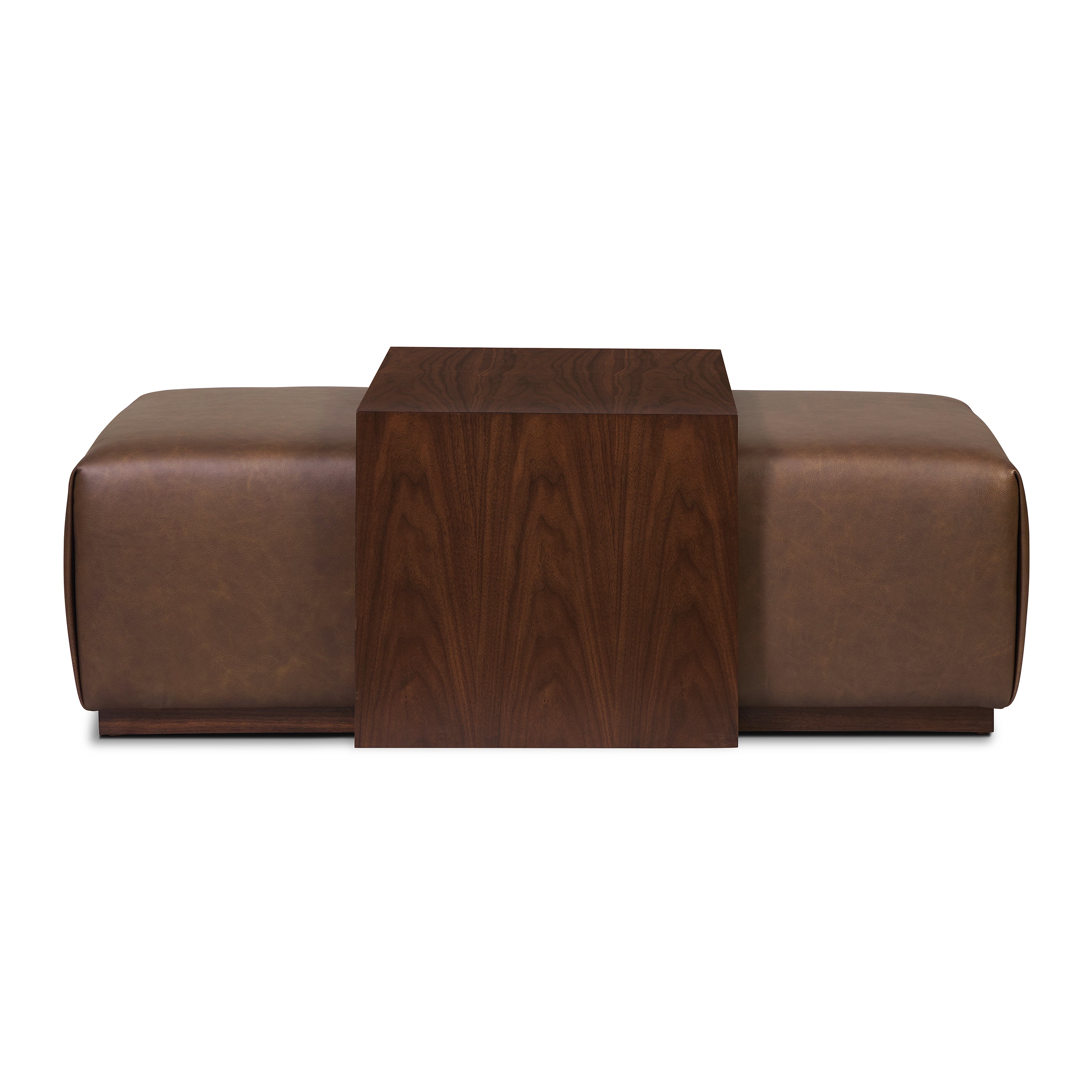Ottoman en cuir avec table en noyer | Marron bride