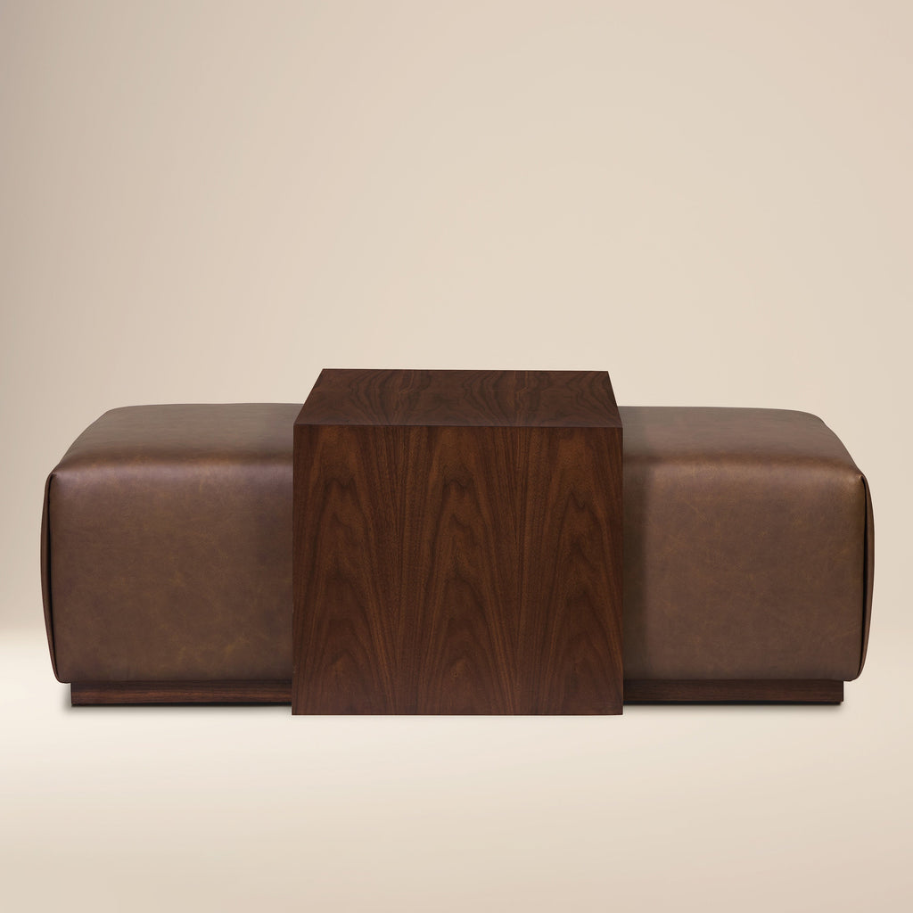 Ottoman en cuir avec table en noyer | Marron bride