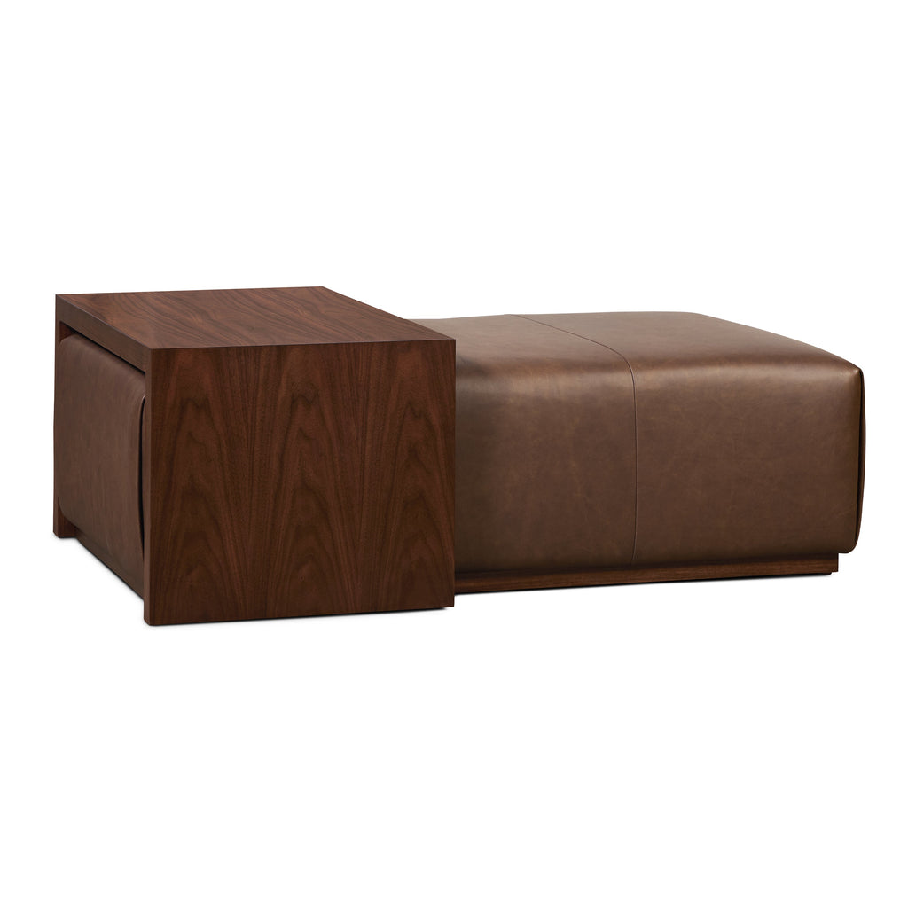 Ottoman en cuir avec table en noyer | Marron bride