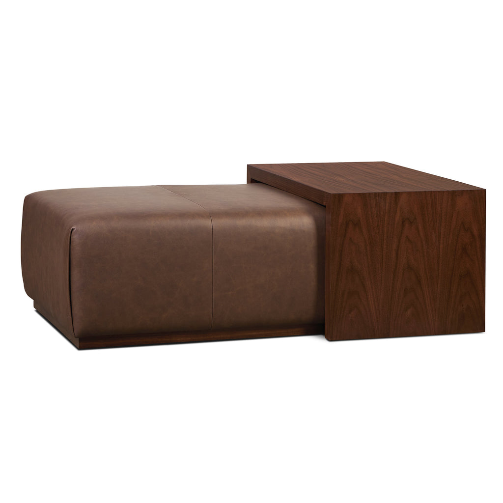 Ottoman en cuir avec table en noyer | Marron bride