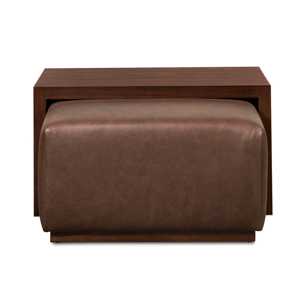 Ottoman en cuir avec table en noyer | Marron bride