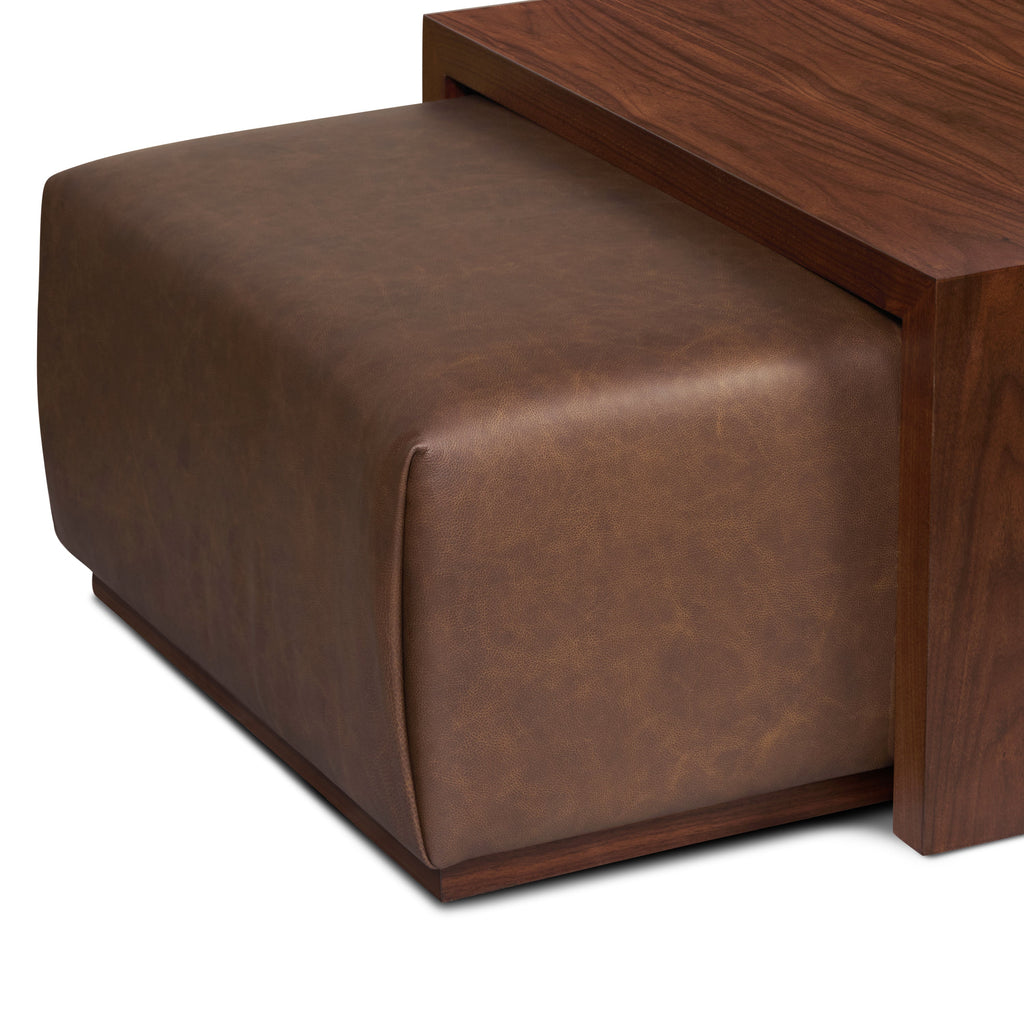Ottoman en cuir avec table en noyer | Marron bride