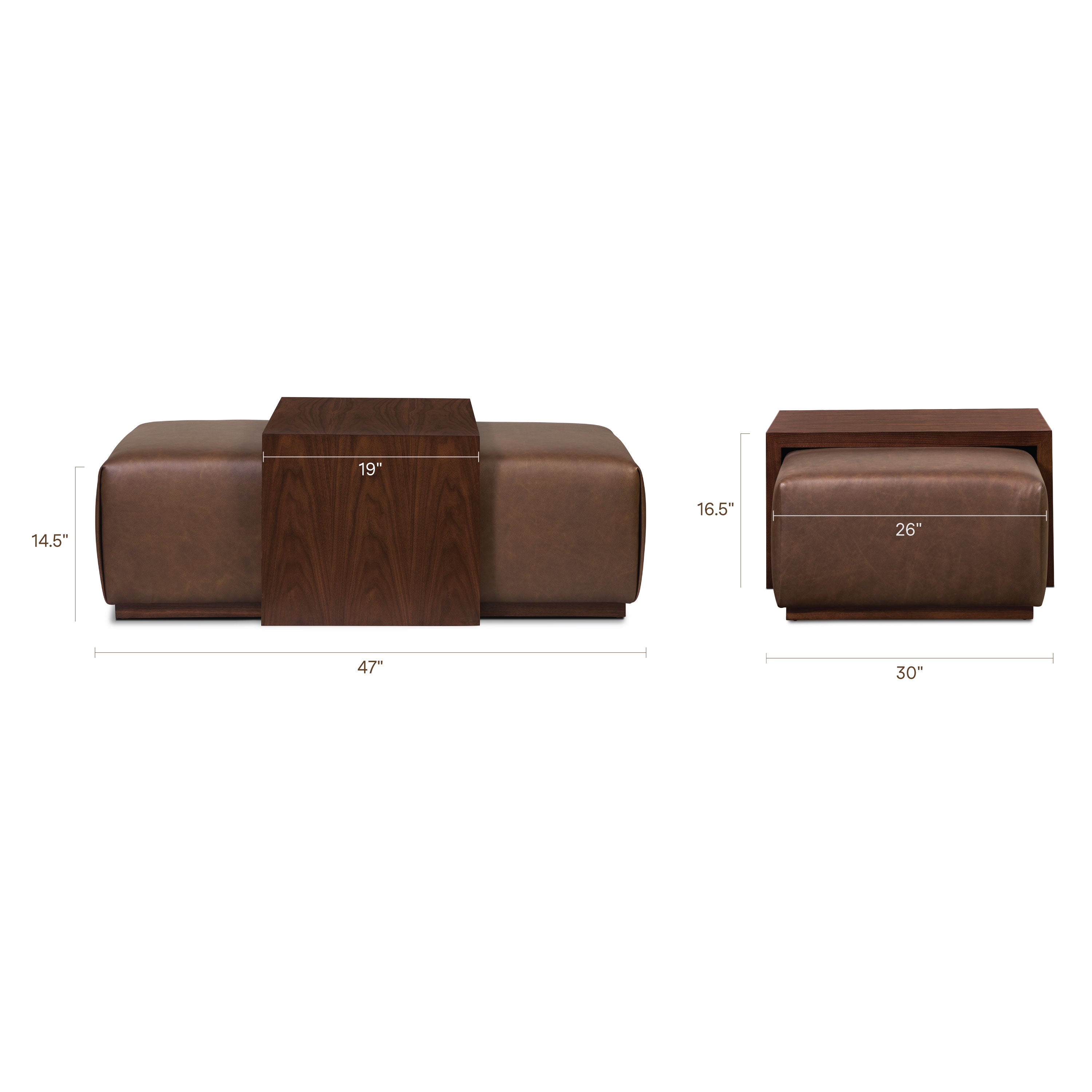 Ottoman en cuir avec table en noyer | Marron bride