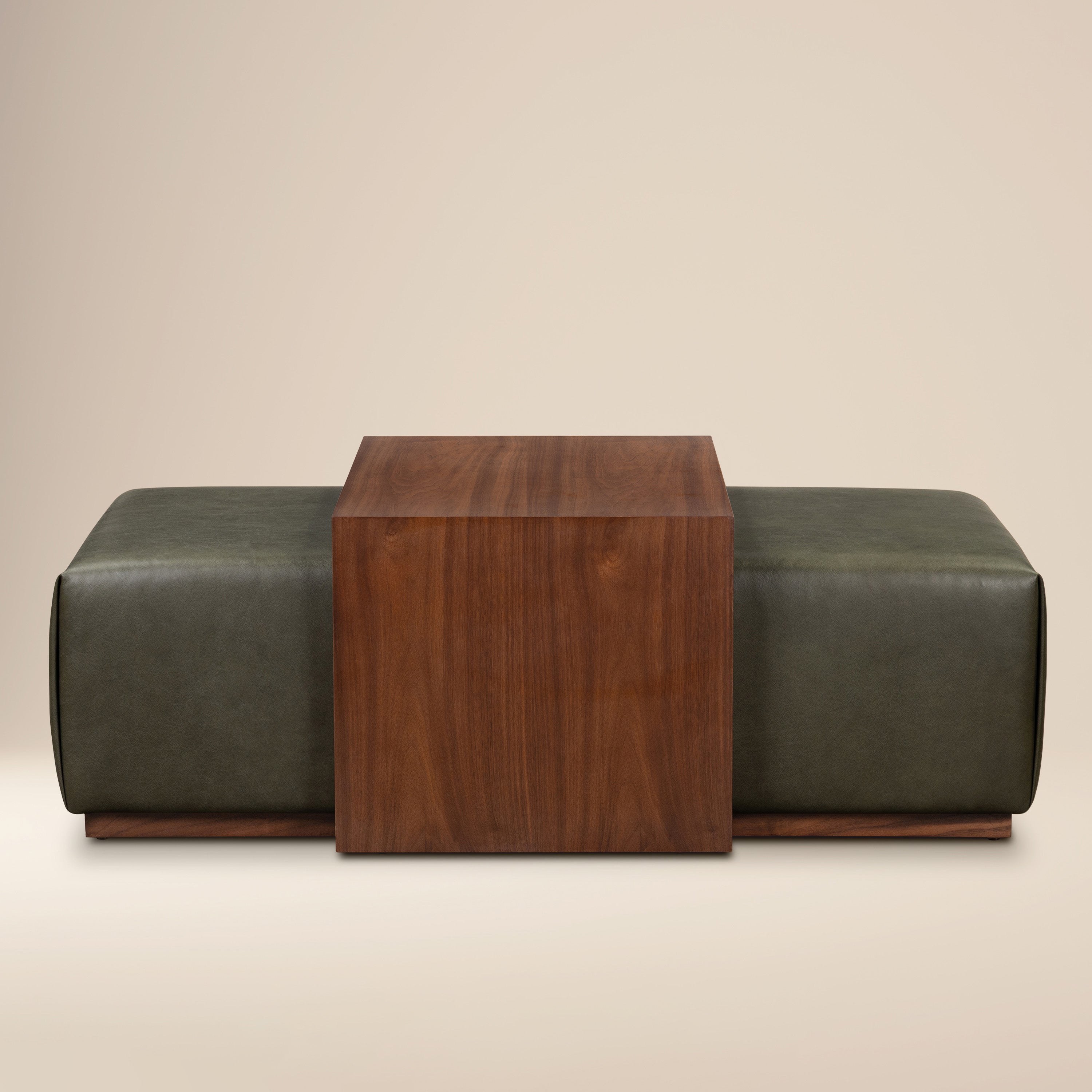 Ottoman en cuir avec table en noyer | Vert olive
