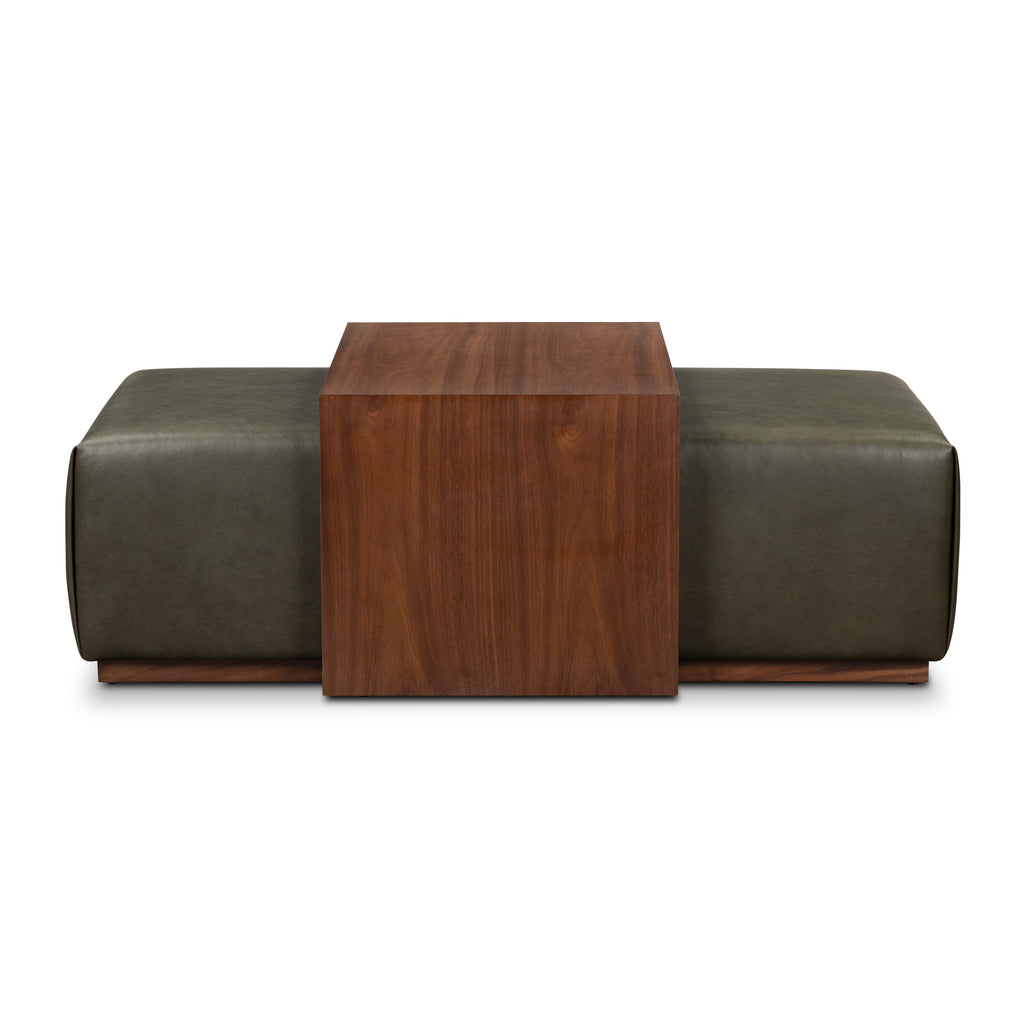 Ottoman en cuir avec table en noyer | Vert olive