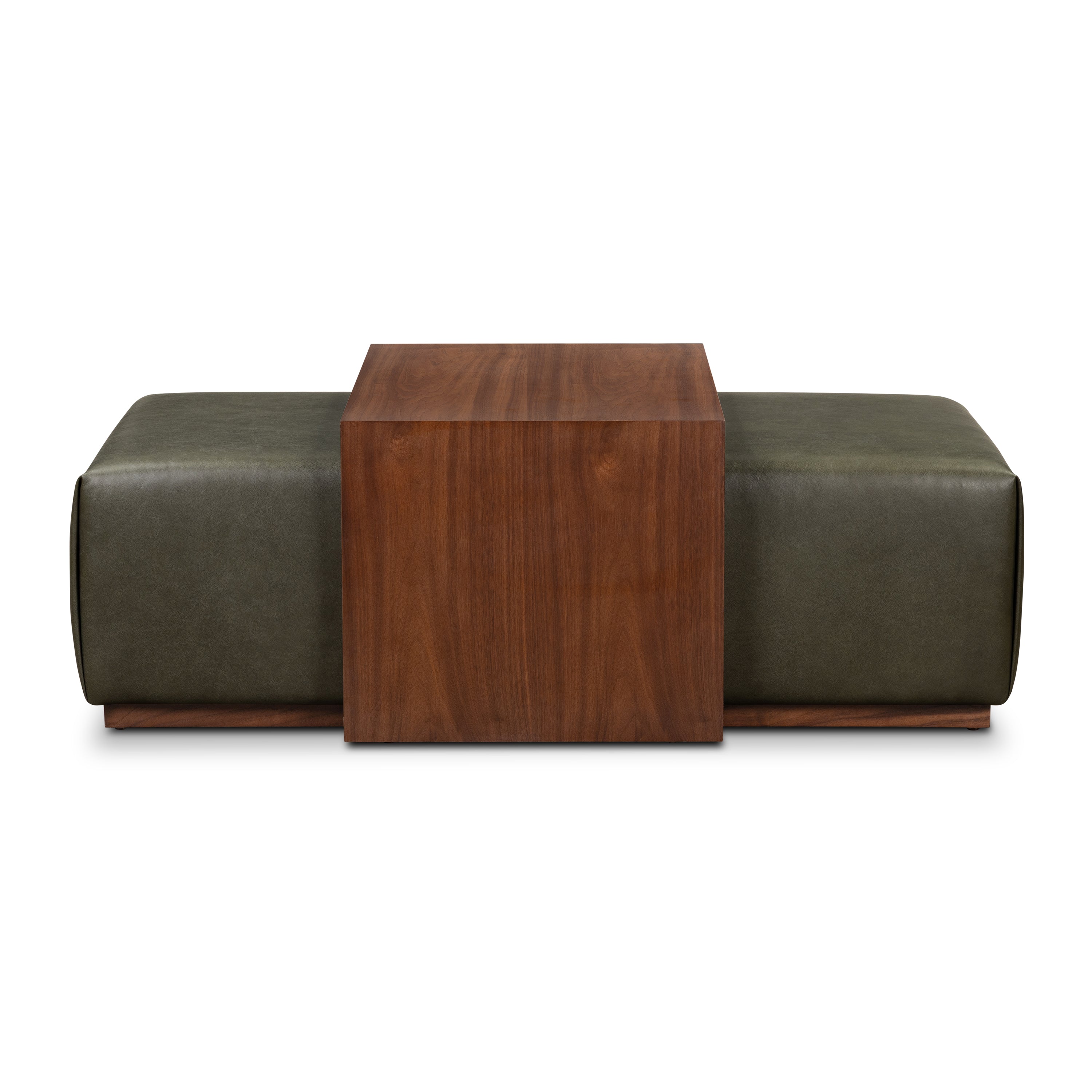 Ottoman en cuir avec table en noyer | Vert olive