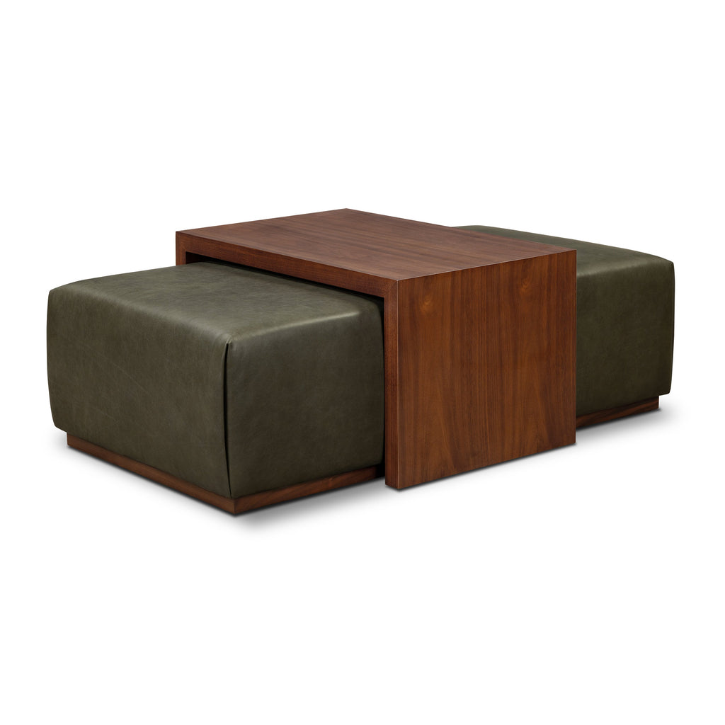 Ottoman en cuir avec table en noyer | Vert olive