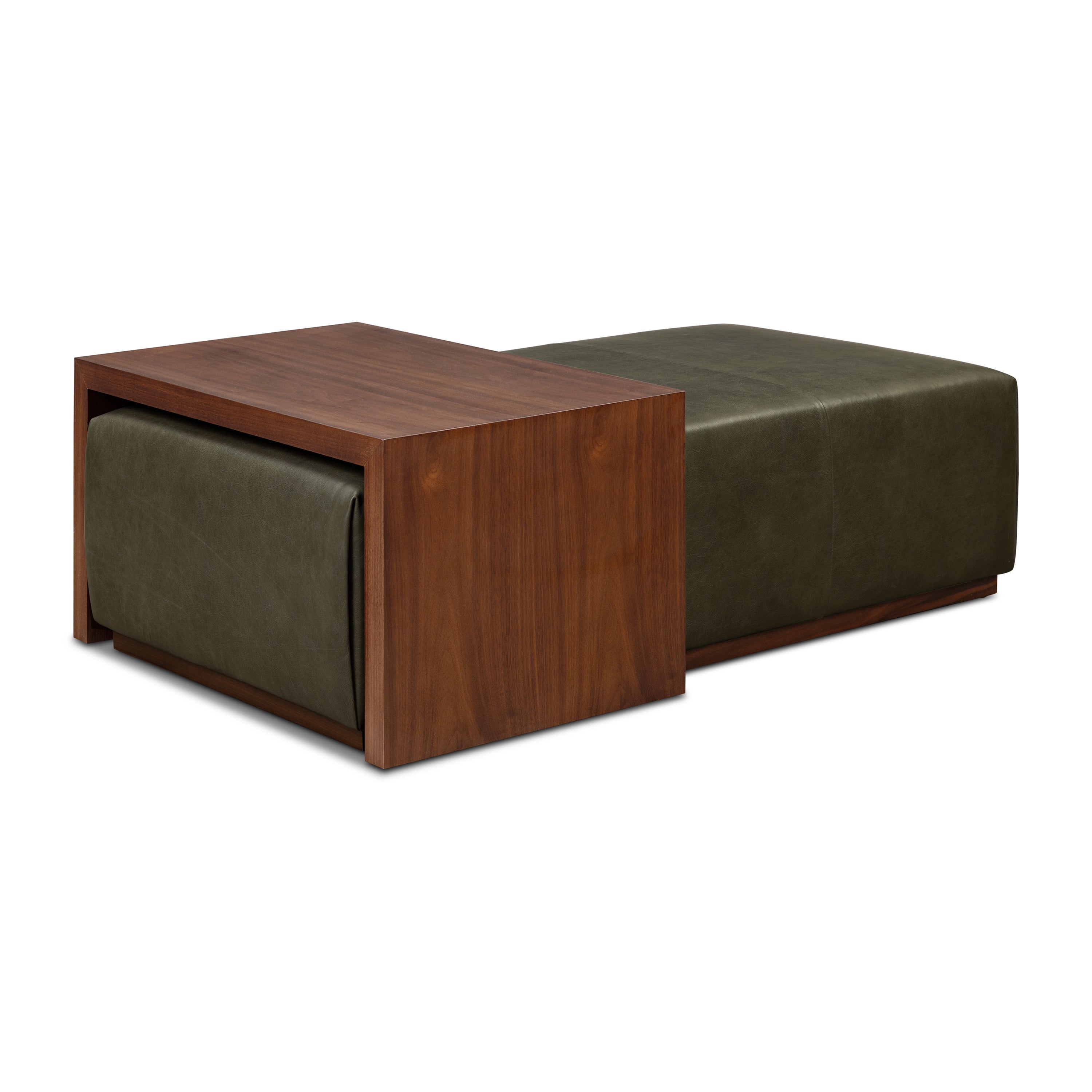 Ottoman en cuir avec table en noyer | Vert olive