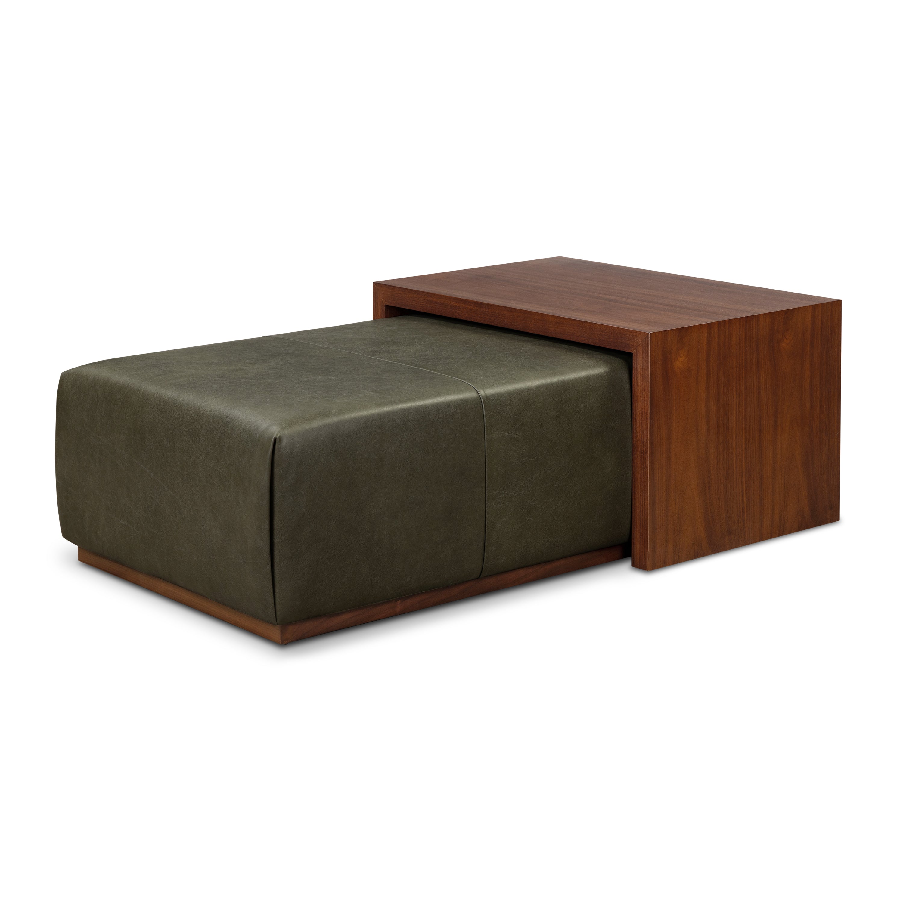 Ottoman en cuir avec table en noyer | Vert olive