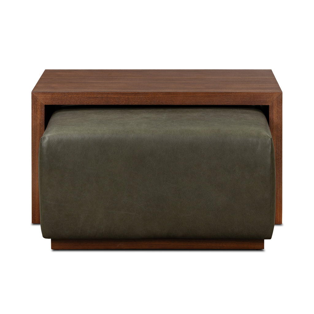 Ottoman en cuir avec table en noyer | Vert olive