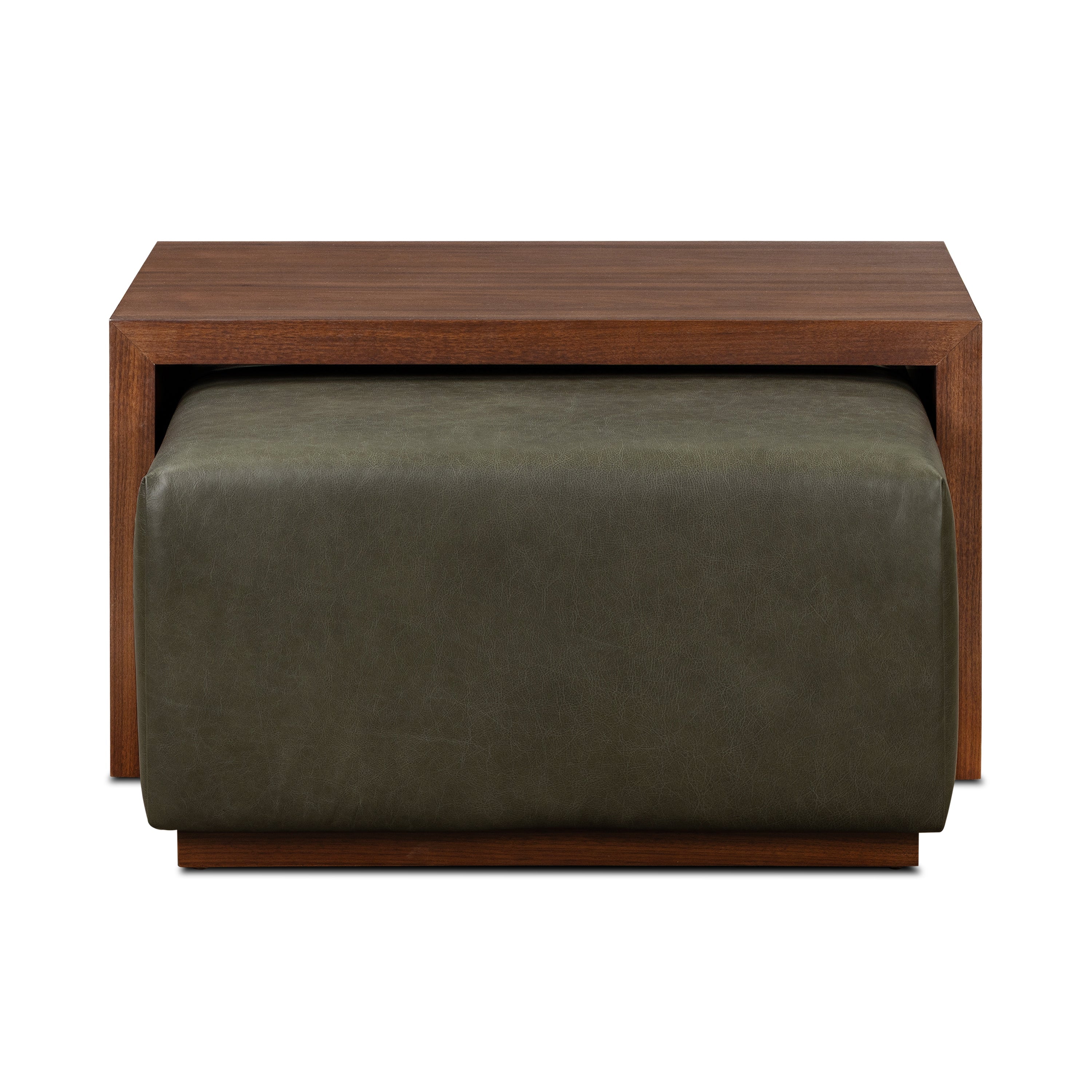 Ottoman en cuir avec table en noyer | Vert olive