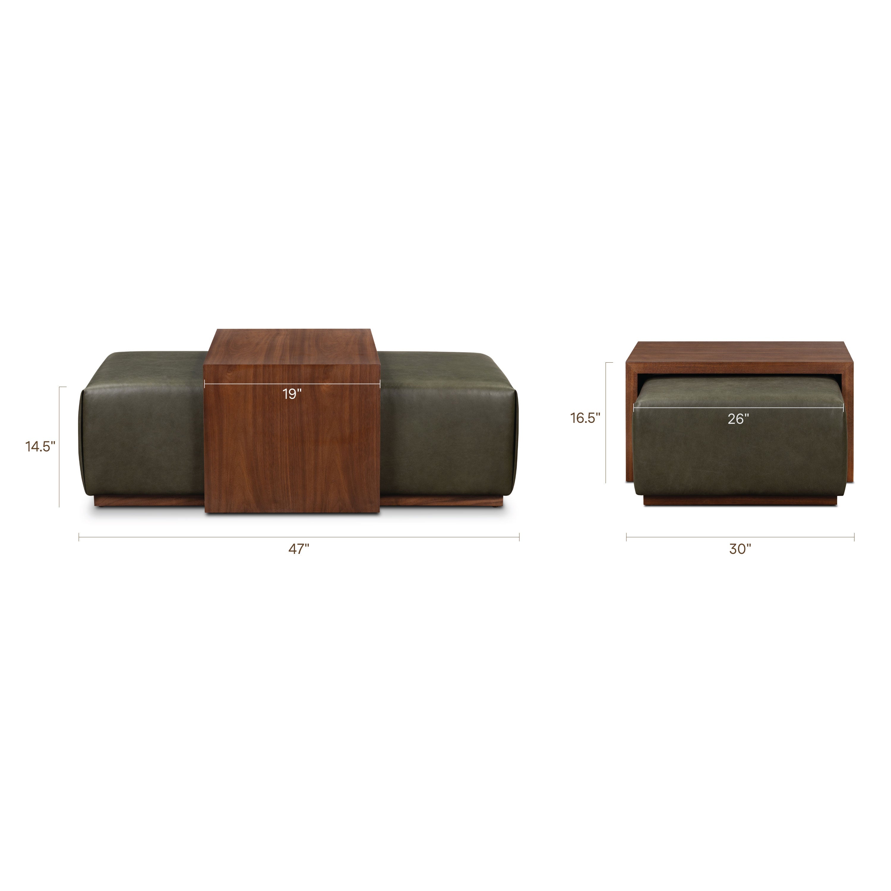 Ottoman en cuir avec table en noyer | Vert olive