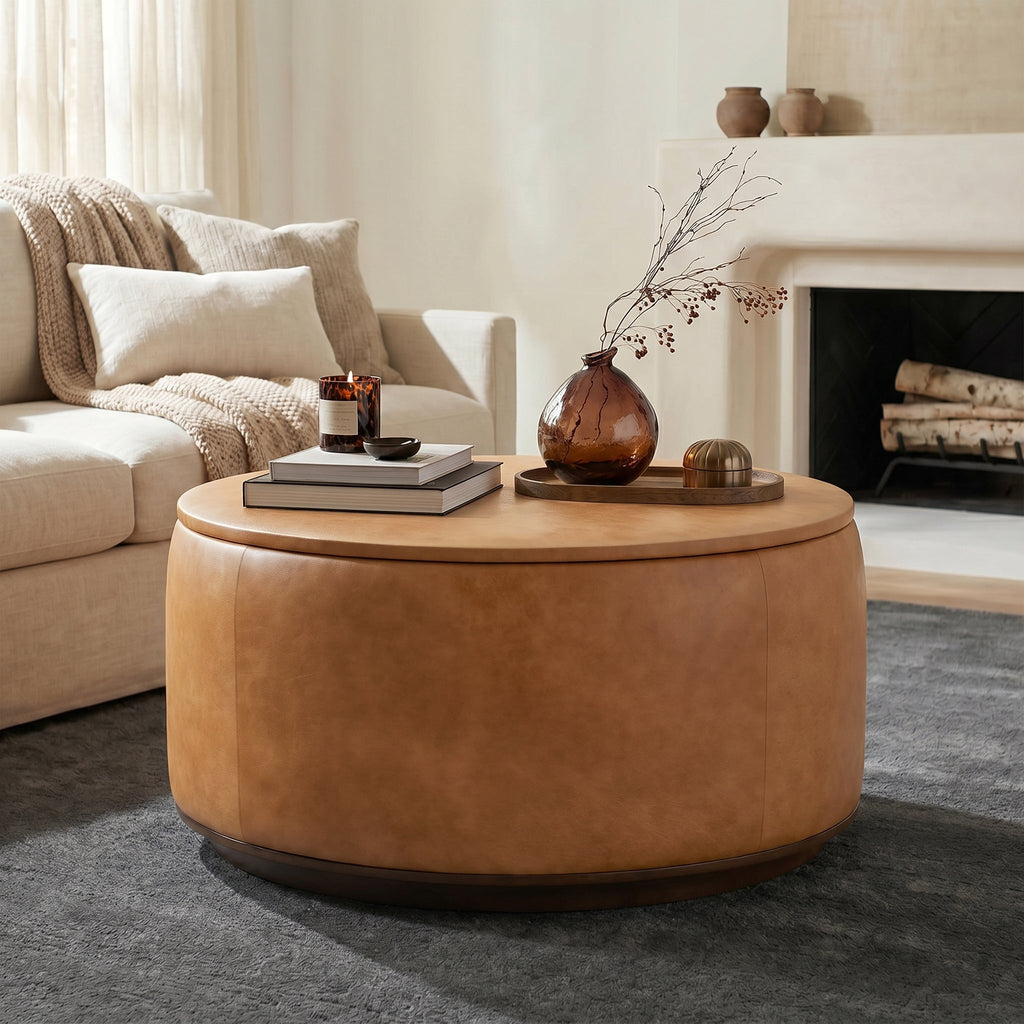 Pouffe de rangement en cuir | Tannage cognac