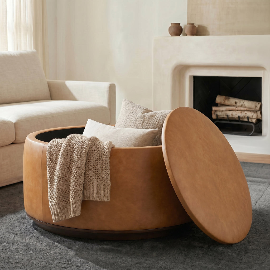 Pouffe de rangement en cuir | Tannage cognac