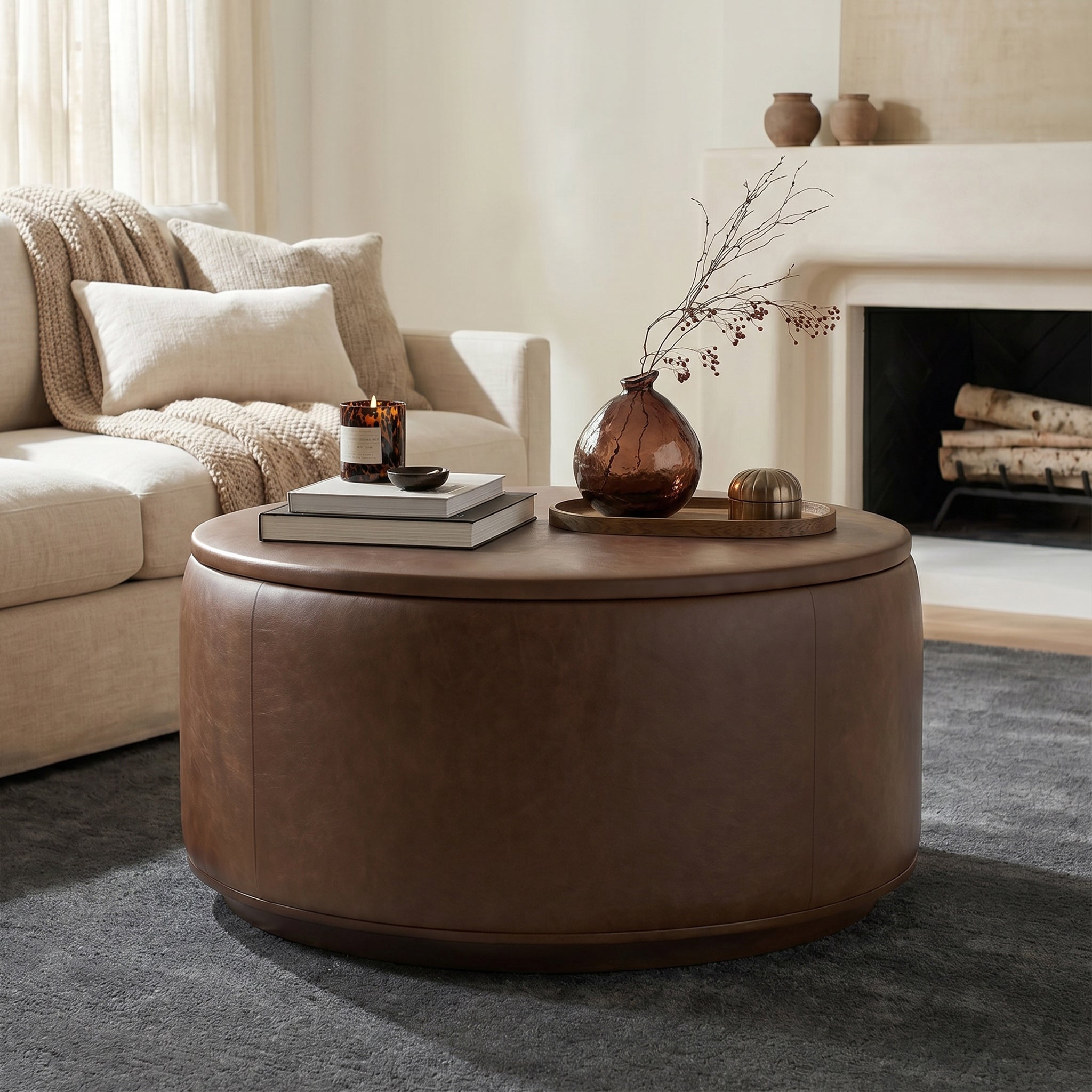 Pouf de rangement en cuir | Marron cacao