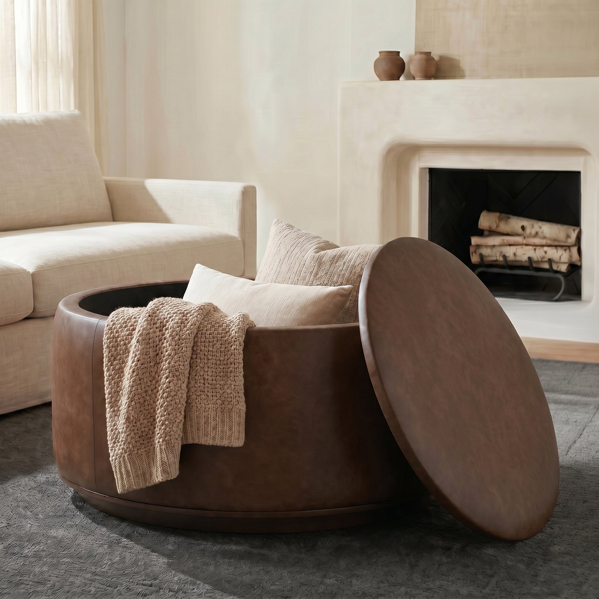 Pouf de rangement en cuir | Marron cacao