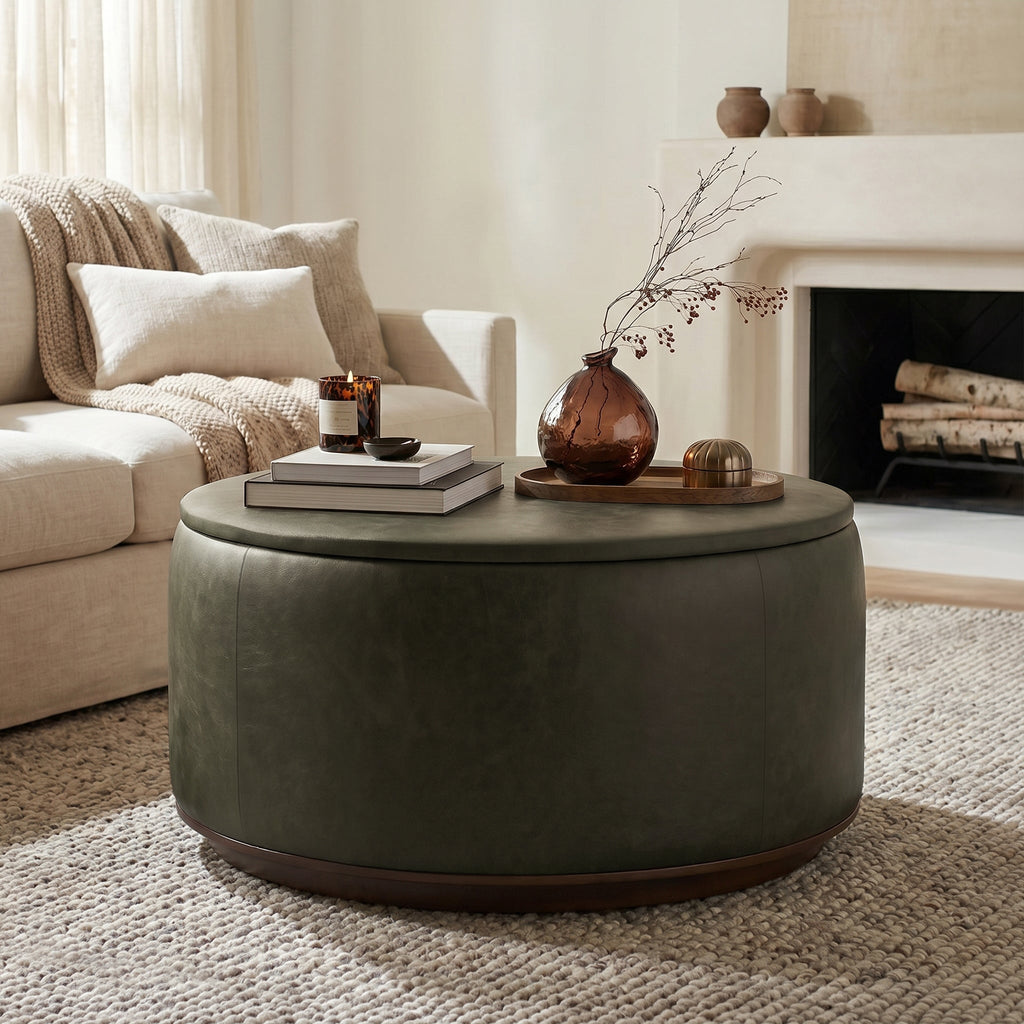 Pouf de rangement en cuir | Vert olive