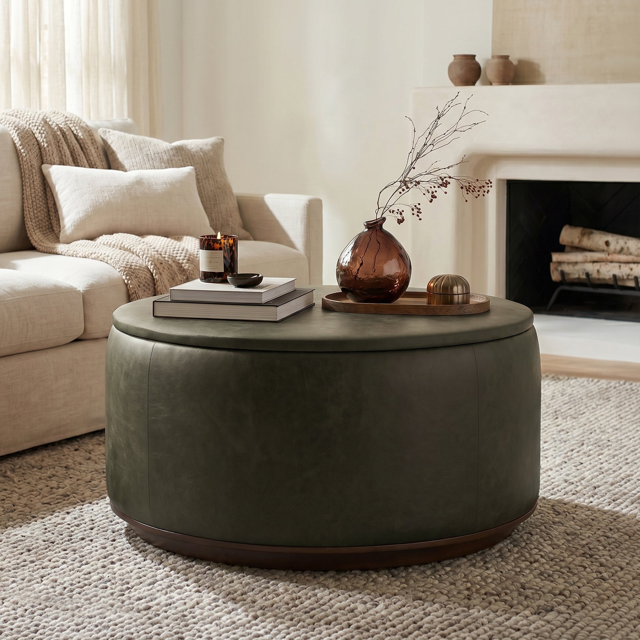 Pouf de rangement en cuir | Vert olive