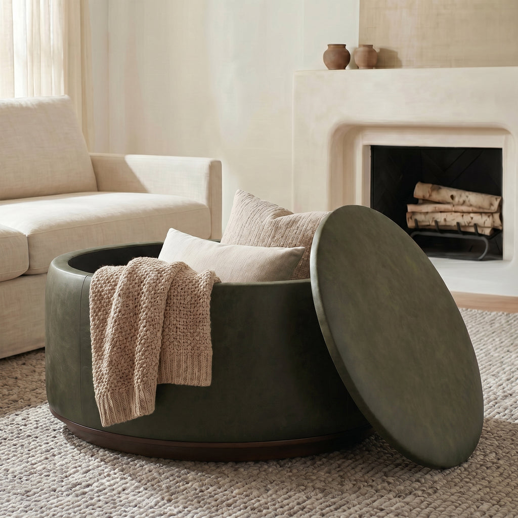 Pouf de rangement en cuir | Vert olive