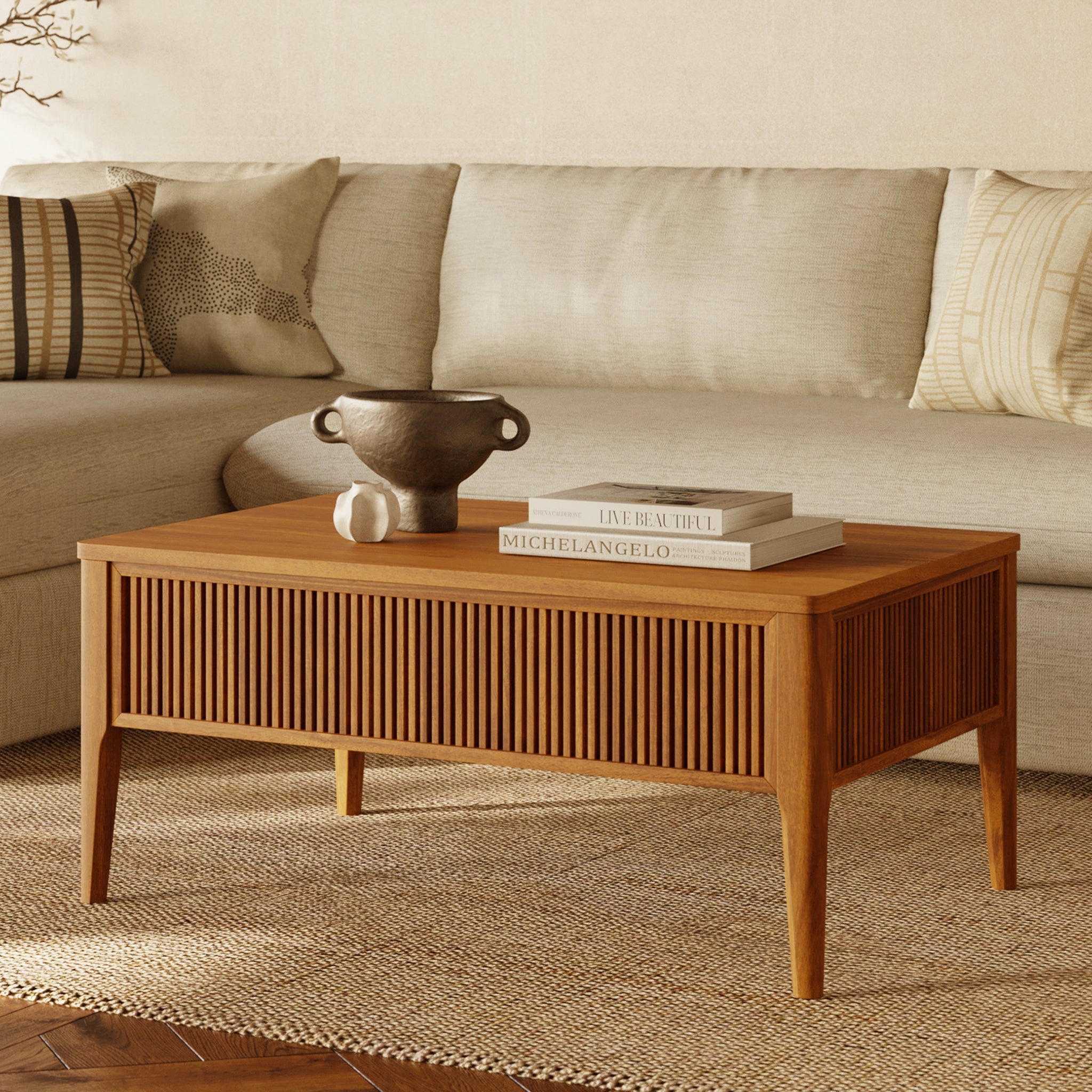 Table basse de rangement relevable | Marron clair