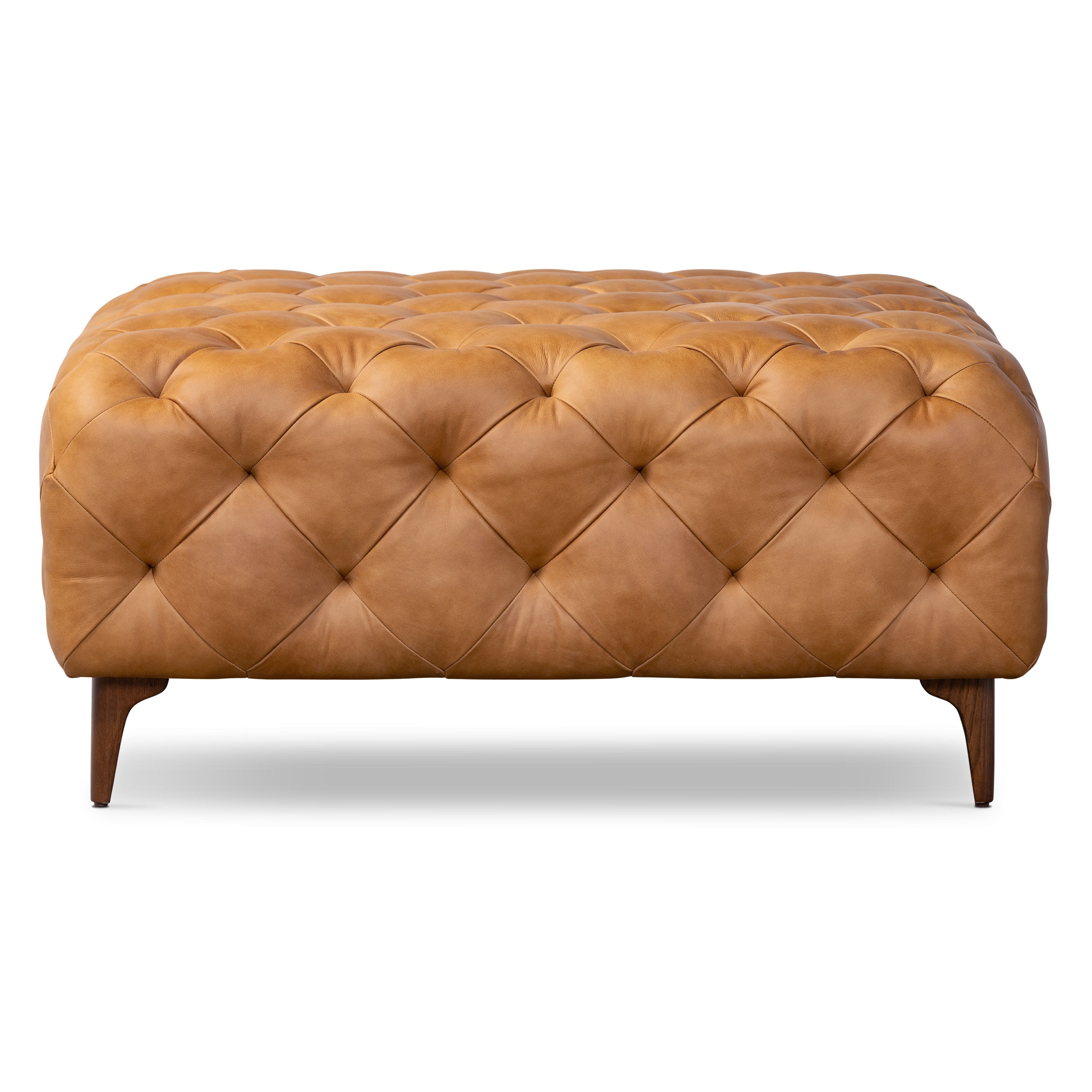 Pouf en cuir avec pieds en bois | Tan Cognac