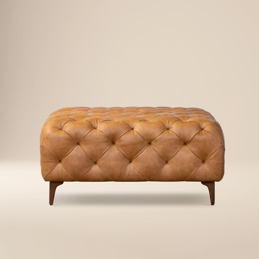 Pouf en cuir avec pieds en bois | Tan Cognac
