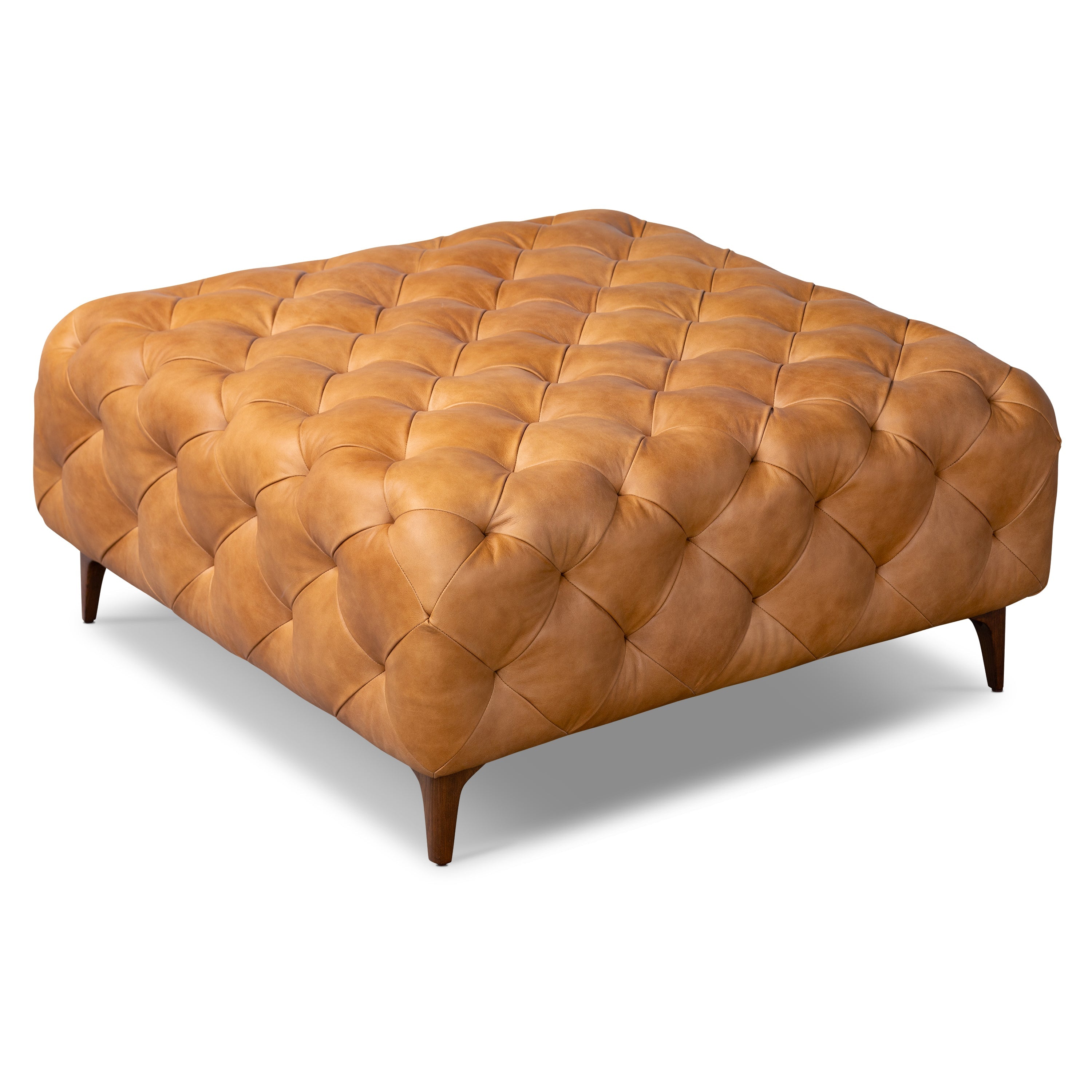 Pouf en cuir avec pieds en bois | Tan Cognac