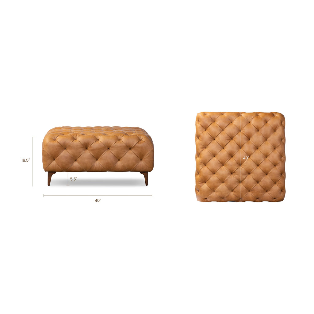 Pouf en cuir avec pieds en bois | Tan Cognac