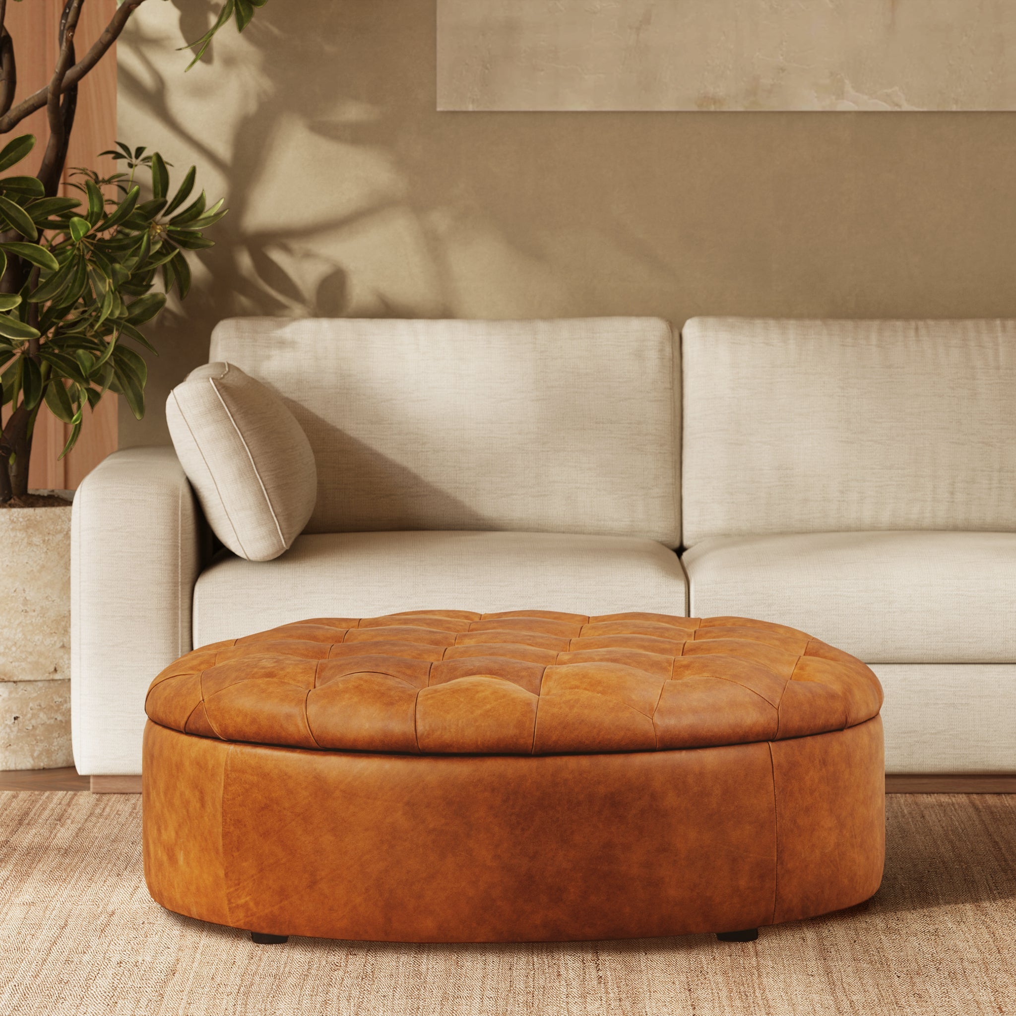 Pouf de rangement en cuir | Tan Roux